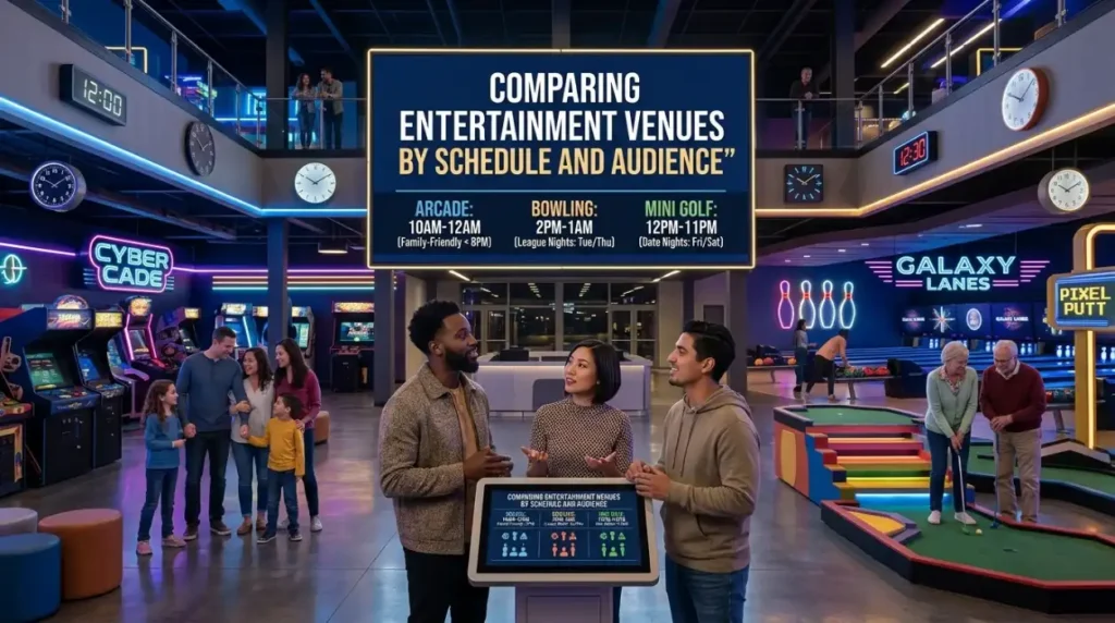 Comparing Entertainment Venues by Schedule and Audience