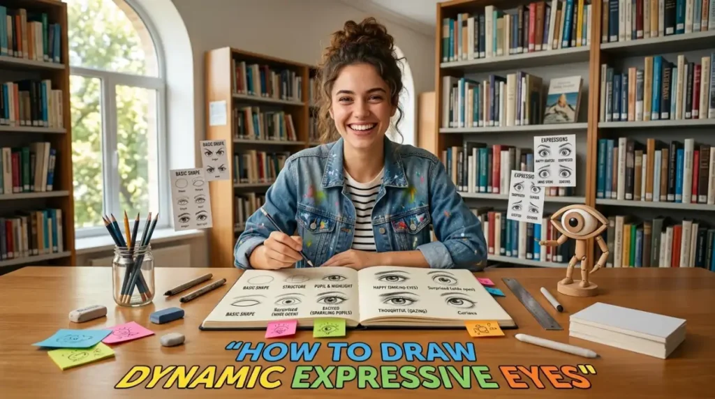 Create a highly realistic, fun, colorful, and creative 16:9 landscape image, 1200×700 pixels, based on the topic **“How to Draw Dynamic Expressive Eyes.”**

Show a cheerful young artist practicing expressive eye drawing at a bright creative workspace. The large open sketchbook should clearly show a step-by-step progression of original eye sketches: basic eye shapes, eyebrows, pupils, eyelashes, highlights, different emotions, and expressive variations such as happy, surprised, curious, excited, and thoughtful eyes. Include realistic graphite pencils, colored pencils, fine-tip pens, erasers, blending tools, sketch cards, a ruler, and colorful sticky notes. Add playful creative elements such as floating eye-sketch reference cards, small expression charts, colorful stationery, and a fun desk decoration.

**IMPORTANT:** The exact heading **“HOW TO DRAW DYNAMIC EXPRESSIVE EYES”** must appear clearly and correctly inside the image in large, bold, stylish, highly readable typography. Make the title naturally integrated into the scene without covering the main artwork.

For every new generation, **completely change the character**—different age, gender, hairstyle, clothing, facial expression, pose, and appearance. **Always change the background and environment too**, including the location, furniture, props, artwork, camera angle, composition, lighting, and color arrangement. Randomly use settings such as a modern art studio, cozy bedroom workspace, creative classroom, sunny café, library art corner, outdoor sketching area, professional illustration workshop, or colorful balcony studio.

Make the overall scene **photorealistic, realistic, cinematic, lively, colorful, and fun**, with natural human details, realistic paper and pencil textures, realistic lighting, natural shadows, and professional photography quality. The image should feel creative, educational, and exciting for beginner artists.

**Style:** photorealistic photography, cinematic editorial quality, realistic art materials, vibrant natural colors, high detail, realistic textures, depth of field, 16:9 landscape, 1200×700, no cartoon rendering, no anime, no illustration-style overall scene, no distorted hands, no duplicate characters, no copyrighted characters or logos.
